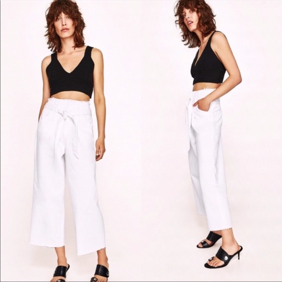 ZARA White Denim straight wide leg frayed hem jeans with high waist tie - Picture 1 of 8
